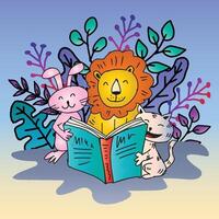 Adorable Cartoon Illustration of lion, rabbit and cat reading a book vector