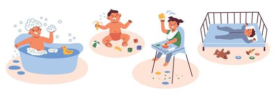 illustration set of toddler daily routines. Bathing, eating, sleeping scenes, baby crying and playing. Flat cartoon compositions, bright colors, collection for parenting and childhood themes vector