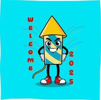 Cheerful rocket firework cartoon with new year greeting, suitable for related content or mascot vector