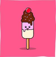 Cartoon illustration of strawberry flavored ice cream stick with delicious chocolate sauce, suitable for related content or mascot vector