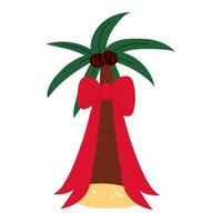 palm tree with coconuts is decorated with large Christmas red bow, standing out against white background. Merry Christmas. Suitable for printing on greeting cards, posters, banners other souvenirs. vector