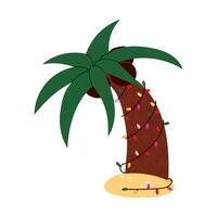 palm tree with coconuts is decorated with garland of Christmas lights, standing out against a white background. Merry Christmas. Suitable for printing on greeting cards, posters, banners souvenirs. vector