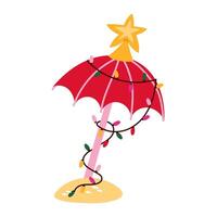 The umbrella is decorated with a garland and a star. Beach Christmas party. An isolated item for a tropical new year. Merry Christmas and Happy New Year on the background of a warm climate design. vector