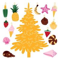 set tropical Christmas tree toys for an artificial yellow Christmas tree. objects are shells, fruits, ice cream, starfish. Isolated items for printed products for gift or game. Christmas on vacation vector