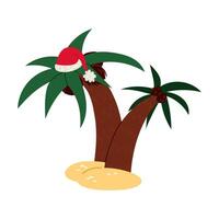 One of the two palm trees with coconuts is decorated with Santa Claus Hat, which stands out against the white. Merry Christmas. Suitable for printing on greeting cards, posters, banners, souvenirs vector