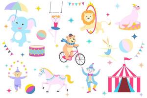 A set of isolated objects and characters related to the circus vector
