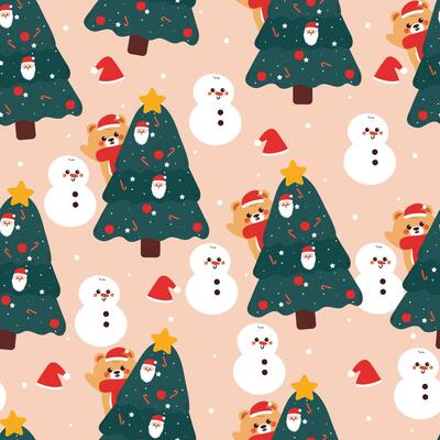 seamless pattern cartoon bearbehind the christmas tree and snowman. cute christmas and winter wallpaper for fabric print, gift wrap paper