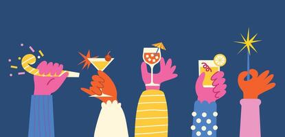 hands celebrating with drinks and party accessories vector