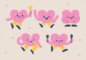 Pink Heart Characters Set for Cute Projects with Playful Poses Emotions vector
