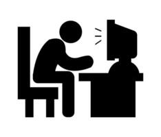 Man working computer isolated on white background. black silhouette cartoon icon. vector