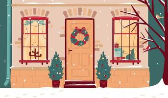 Cute Christmas door with two windows decorated with lights and fir branches, with pile of gift boxes, cat and candlestick. Snowfall, warm Christmas atmosphere. Cozy winter vector