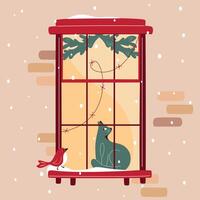Christmas window, cat sitting at windowsill and looking at bird outside, window decorated with lights and fir branches. Snowfall, warm Christmas atmosphere. Cozy winter vector