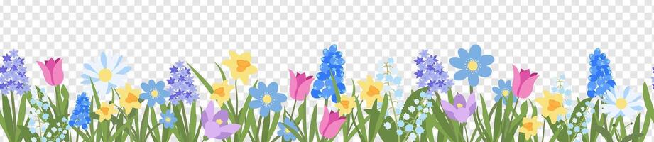 Horizontal Seamless Flower Border in Flat Style. Trendy Floral Background with Spring Flowers. Botanical Banner with Simple Naive Elements. Design Perfect for Weddings, Birthdays, Advertisement vector