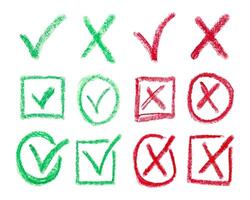 Hand Drawn Chalk Pencil Checklist Checkbox Signs Square Circle Sketch Style. Doodle Collection of Green Checkmarks, Red Crosses and Circles Chalk Charcoal Pencil. Correct Incorrect Symbols. vector