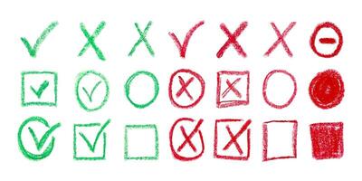 Collection of Doodles of Green Ticks, Red Crosses and Circles Chalk, Charcoal Pencil. Hand drawn checklist, flag, square signs in sketch style. Correct, incorrect symbols. Kids Strokes. vector