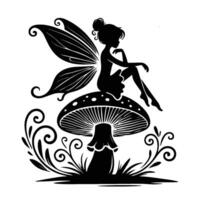Silhouette of a Fairy Sitting on a Mushroom vector