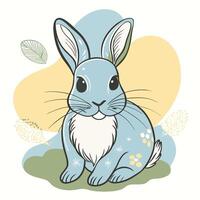 A cartoon rabbit sitting on grass with leaves vector
