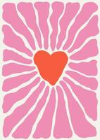 Abstract groovy heart shape with beam in trendy naive retro hippie 60s 70s style. Vertical poster with abstract wavy heart vector