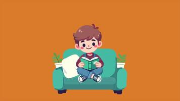 Boy Sitting on Sofa Reading Book Looping Animation video