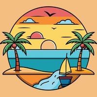 A cartoon illustration of a sailboat on the beach with palm trees vector