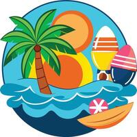 A cartoon beach scene with palm trees and a boat vector