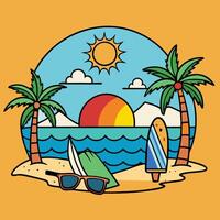A cartoon illustration of a beach scene with palm trees and surfboard vector