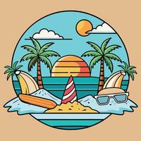 A beach scene with palm trees, surfboard and sun vector