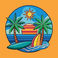 A cartoon illustration of a surfboard and palm trees vector