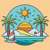 A cartoon illustration of a beach with palm trees and a sun vector