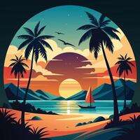 Tropical sunset with sailboat on the beach and palm trees vector