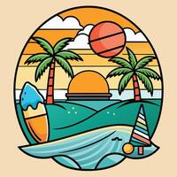 A colorful illustration of a beach scene with palm trees and surfboards vector