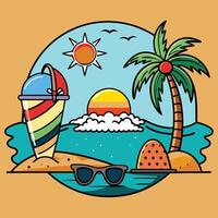 Tropical beach with palm trees and ice cream vector