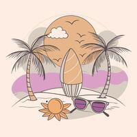 A beach scene with a surfboard, sunglasses and palm trees vector