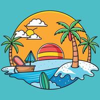 A cartoon illustration of a beach scene with palm trees and a boat vector