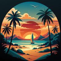 A poster of a sunset with palm trees and a sailboat vector