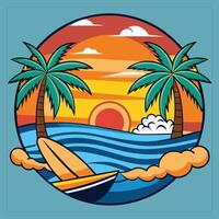 A cartoon illustration of a surfboard on the beach with palm trees vector