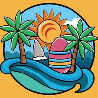 A cartoon illustration of a beach scene with palm trees and surfboards vector