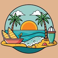 A beach scene with palm trees and a surfboard vector