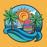 A cartoon beach scene with palm trees and an egg vector