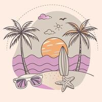A beach scene with palm trees, surfboard and sunglasses vector