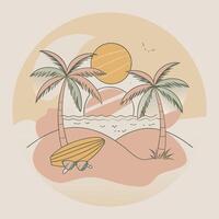 A beach scene with palm trees and surfboard vector