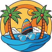 Surfboard and sunglasses on the beach with palm trees vector