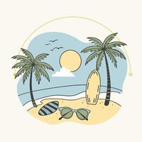 A beach scene with palm trees and surfboard vector