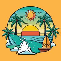 A colorful illustration of a surfboard and palm trees vector