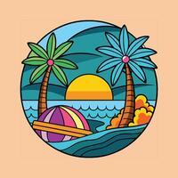 A colorful illustration of palm trees and a beach vector