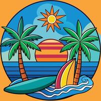 A cartoon illustration of a surfboard and palm trees on the beach vector