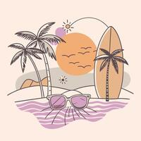 A beach scene with a surfboard and palm trees vector