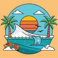 A cartoon illustration of a beach scene with palm trees and a sunset vector