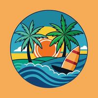 A cartoon illustration of a sailboat on the ocean with palm trees vector