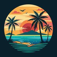 Tropical sunset with palm trees and waves vector